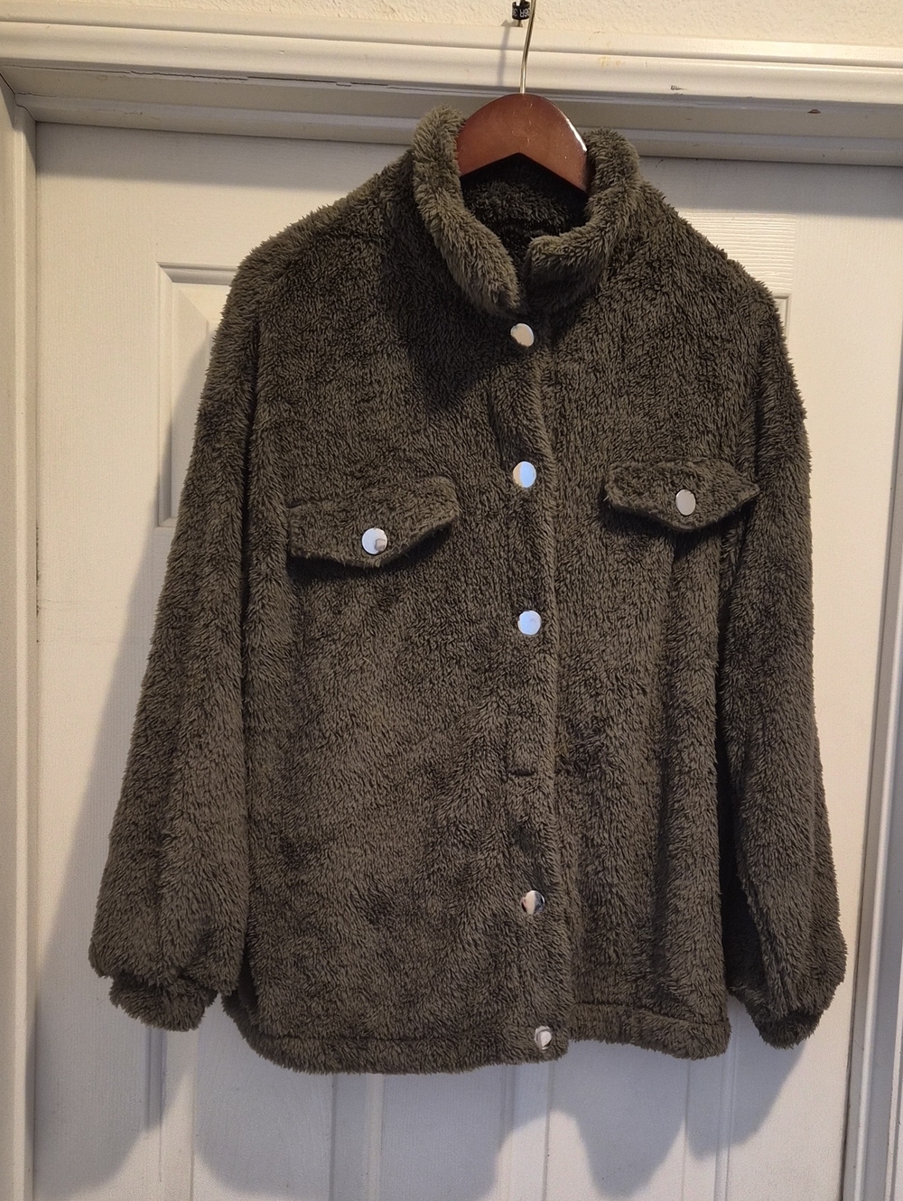 SHEIN Olive-Tone Plush Teddy Jacket with Snap Front